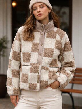 MYSTREE Checkered Sherpa Jacket Snap Front Cozy Teddy Fleece Coat Beige Cream